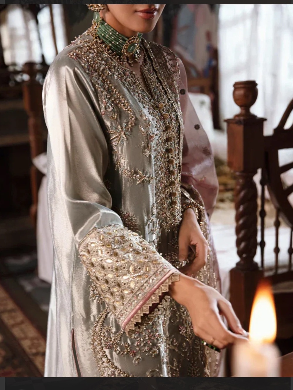 MUSHQ Embellished silk dress in Shimmering Aqua silver&tissue heavy work dupatta - Picture 3 of 16